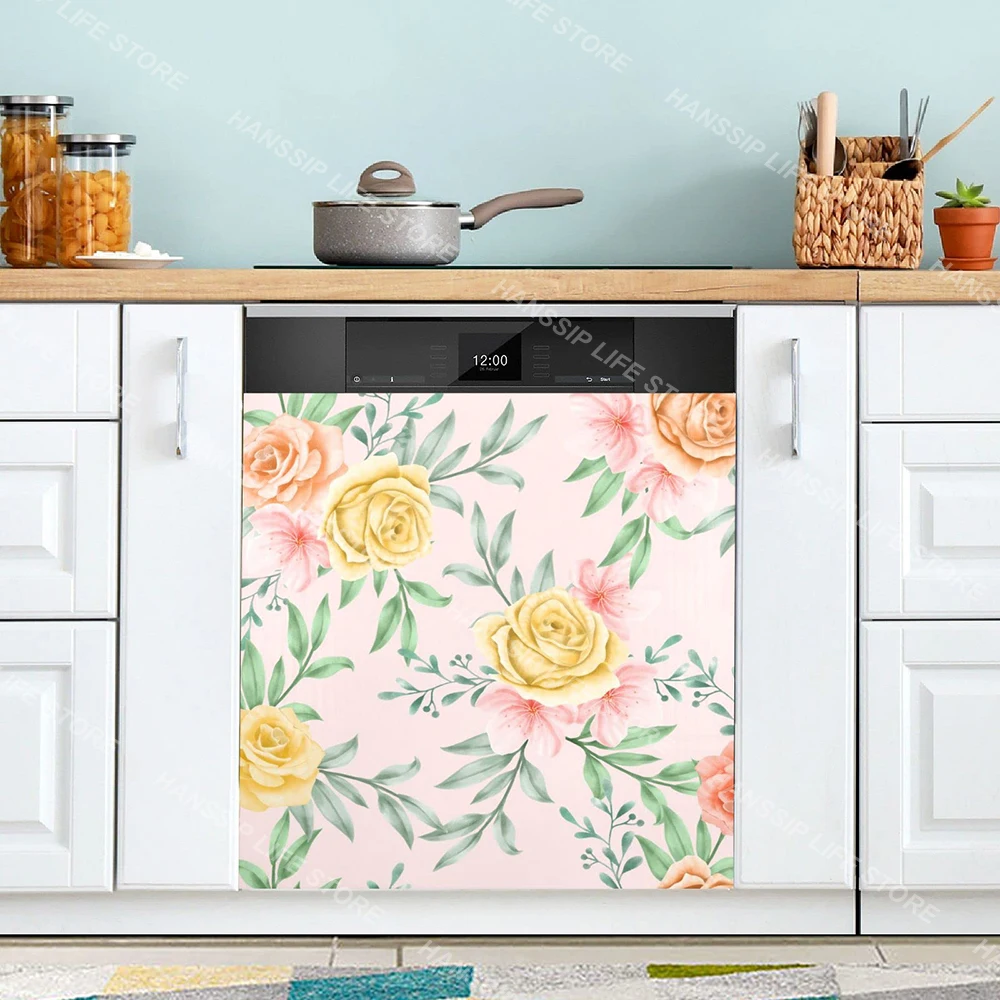 Watercolor Flower Plant Leaves Printed Dishwasher Sticker Wallpaper Kitchen Waterproof Washing Machine Cabinet Panel Art Decals