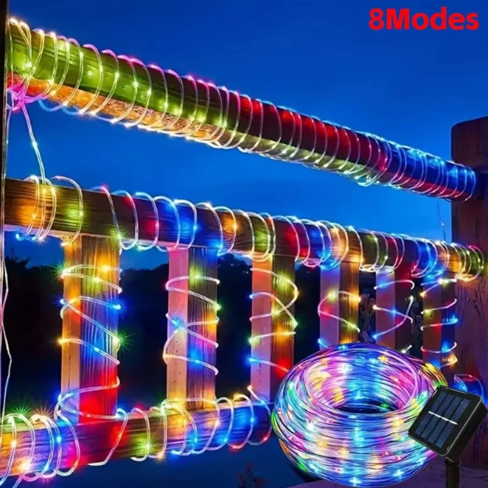 Outdoor Solar Rope String Lights 8 Modes Waterproof Multicolor 32M/22M/12M/7M for Garden Christmas Wreath Party Balcony Decor