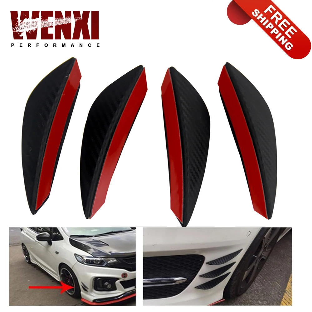 4Pcs/set Black Carbon Fiber Fit Front Bumper Lip Splitter Fin Air Knife Auto Body Kit Car Spoiler Canards Valence Chin Accessory