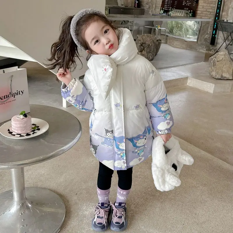 Kawaii Sanrios Girls' Padded Jacket Winter Cartoon Kids Fashion Thickened Cotton Coat Kuromi Mid-Length Warm Cotton Clothes Gift