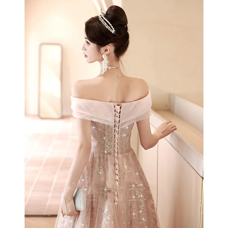 Temperament Off Shoulder Evening Dress Sweet Beaded Applique Graduation Dresses Long A-Line Backless Sequin Tulle Prom Gown