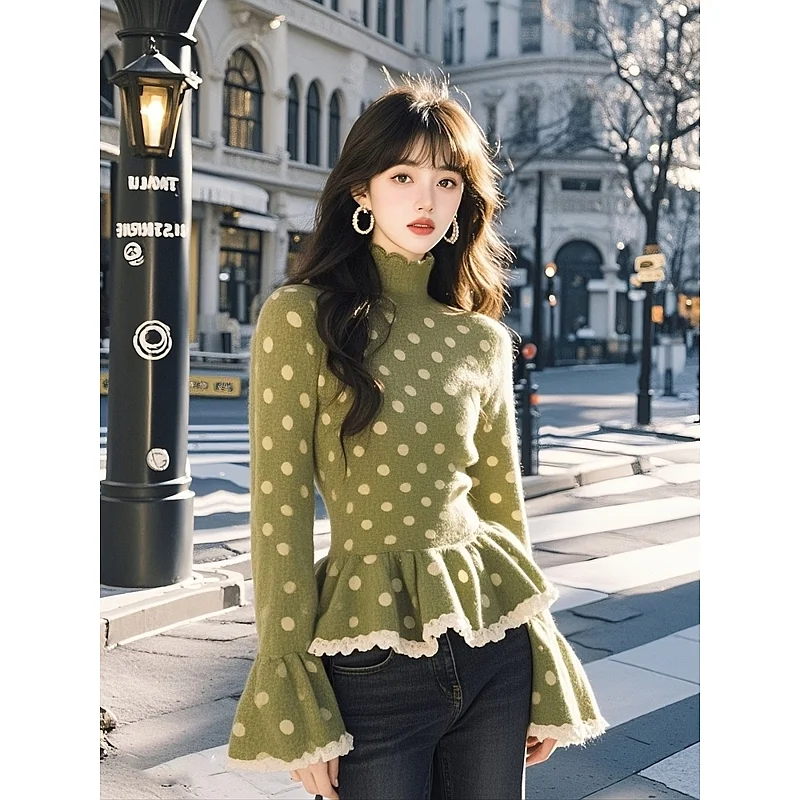 

Fashionable Polka Dot Women's Dress Loose Mid-length Round Neck Pullover Printed Daily Long-sleeved Casual Top E11226