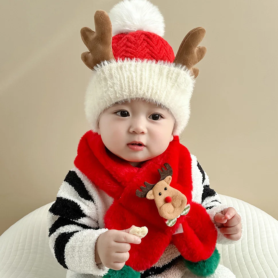 

Baby Kids Christmas Set Girls Boy Red Hat Scarf Gloves Children infant Winter Warm Pom Pom Fluffy Cap Scarves Cartoon Deign 1-6T