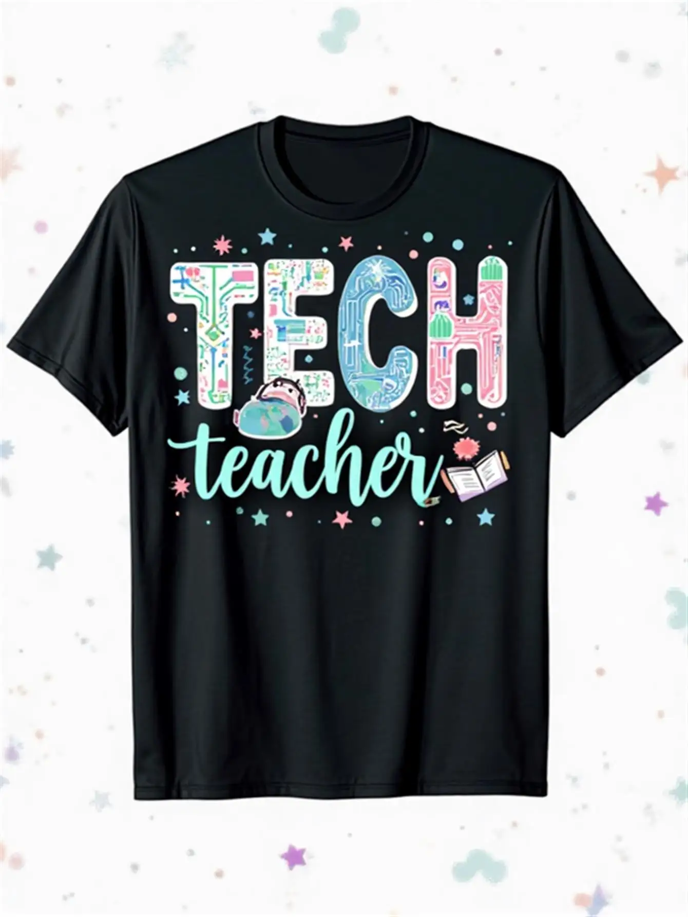 

Men's Tech Teacher Graphic T-Shirt Soft Breathable 100% Cotton Casual Short Sleeve Shirt Technology-Themed Design (Stars, Globe, Computer, Books) - Ideal Teacher's Day Gift, School Activities and Daily Wear Comfortable Crew Neck Educator Exclusive Top