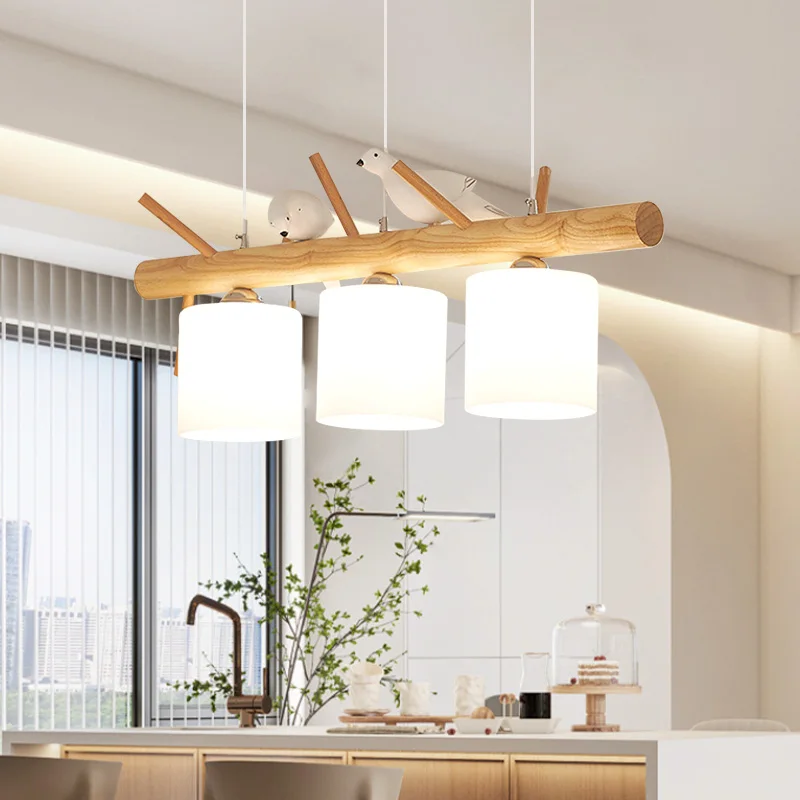 MELLIFLOUS Nordic Modern Simple Solid Wood Pendant 220V Glass Shade Restaurant Living Room Creative LED Wooden Bird Chandelier