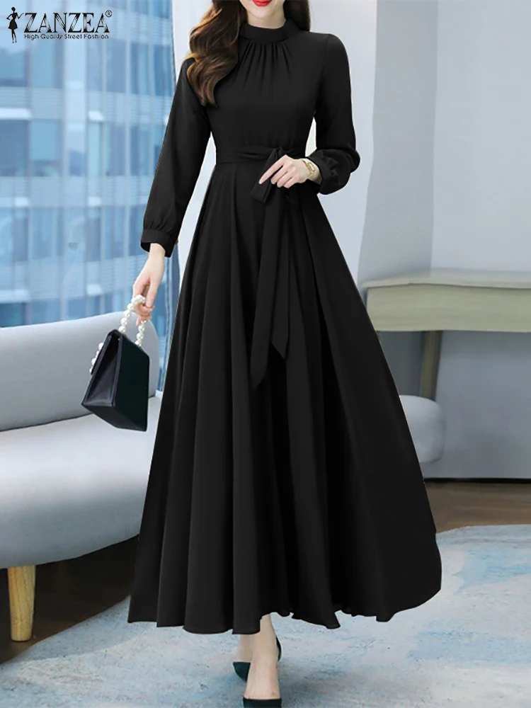 ZANZEA Autumn Women Fashion Party Dress Long Sleeve A-line Long Sundress Solid Holiday Maxi Dresses Vestidos Femme Vintage Robe