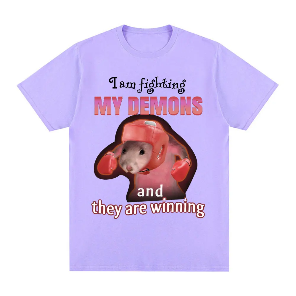 Funny I Am Fighting My Demons and The Are Winning Rat Meme T-shirt Men Fashion Creative T Shirts Short Sleeve Oversized T-shirts