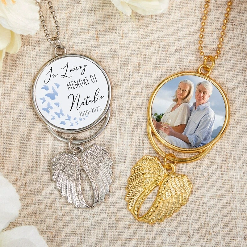 Custom Photo Car Rearview Mirror Pendant with Angel Wings Personalized Charm for Women Hanging Ornament Picture Gift for Lover