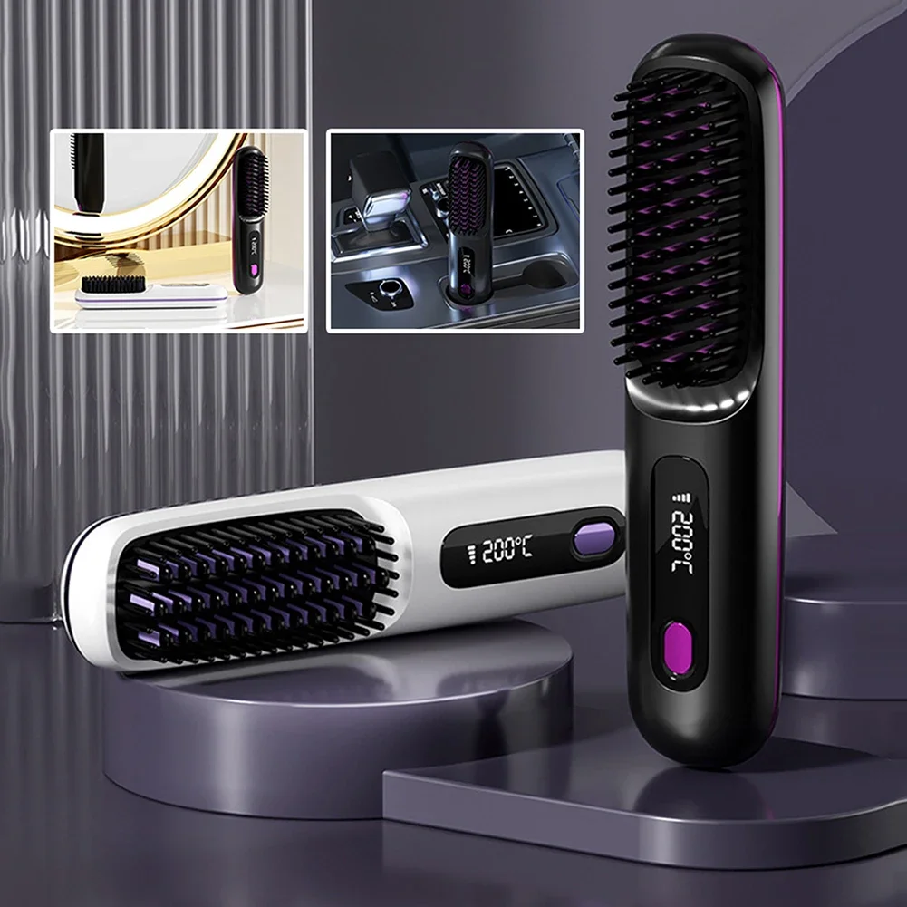 Cordless Hair Straightener Brush with 3 Setting LED Temperature Display Electric Negative Ions Ceramic Hot Comb 360°Anti-Scald