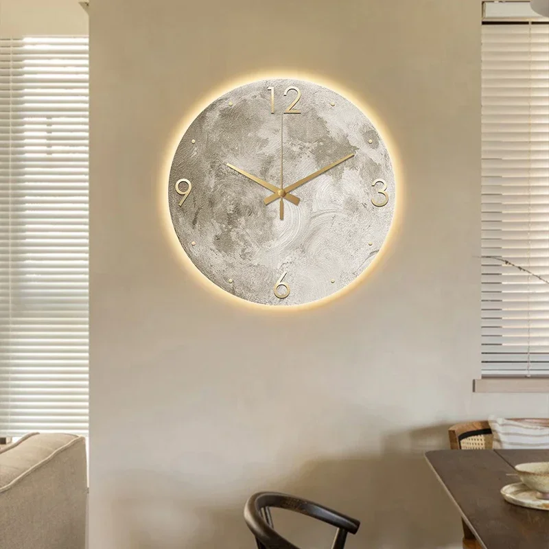 Reloj de pared minimalista moderno, reloj para sala de estar, pintura de piedra arenisca de Luna, Ideas de restaurante de moda para el hogar, decoración de pared con luz LED