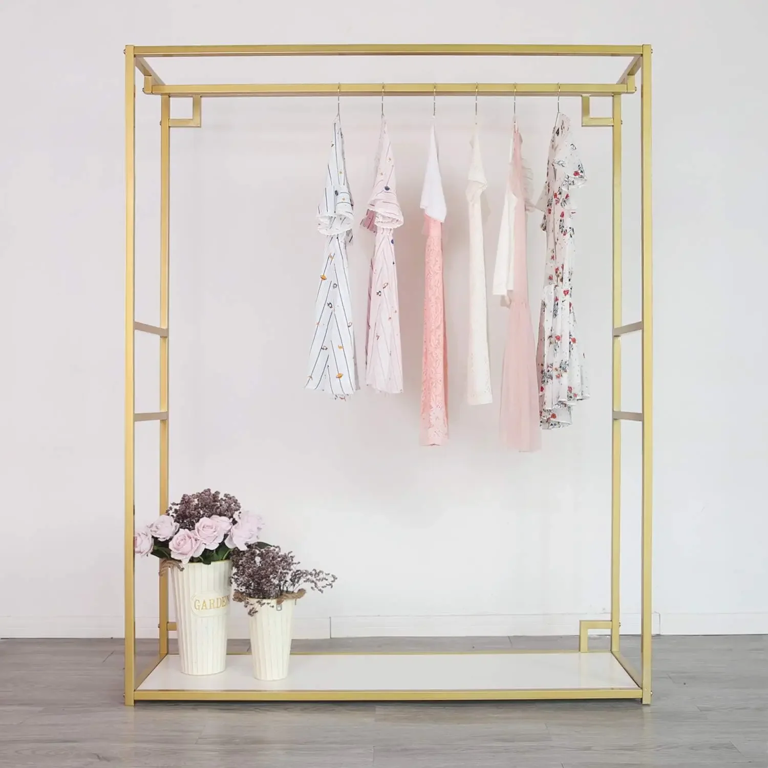 

Gold Clothing Racks with Shelves, Weeding Dress Retail Clothes Rack,Freestanding Rack, Shoes Bags Clothes Organizer Gar