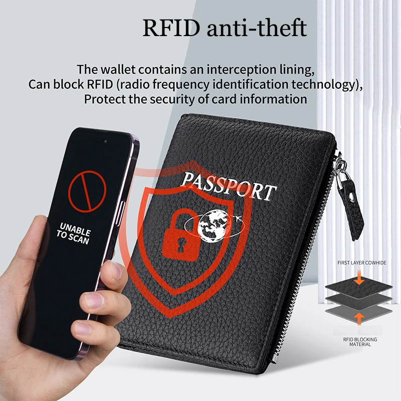 Genuine leather passport RFID travel wallet multi-function card holder coin bag men and women passport