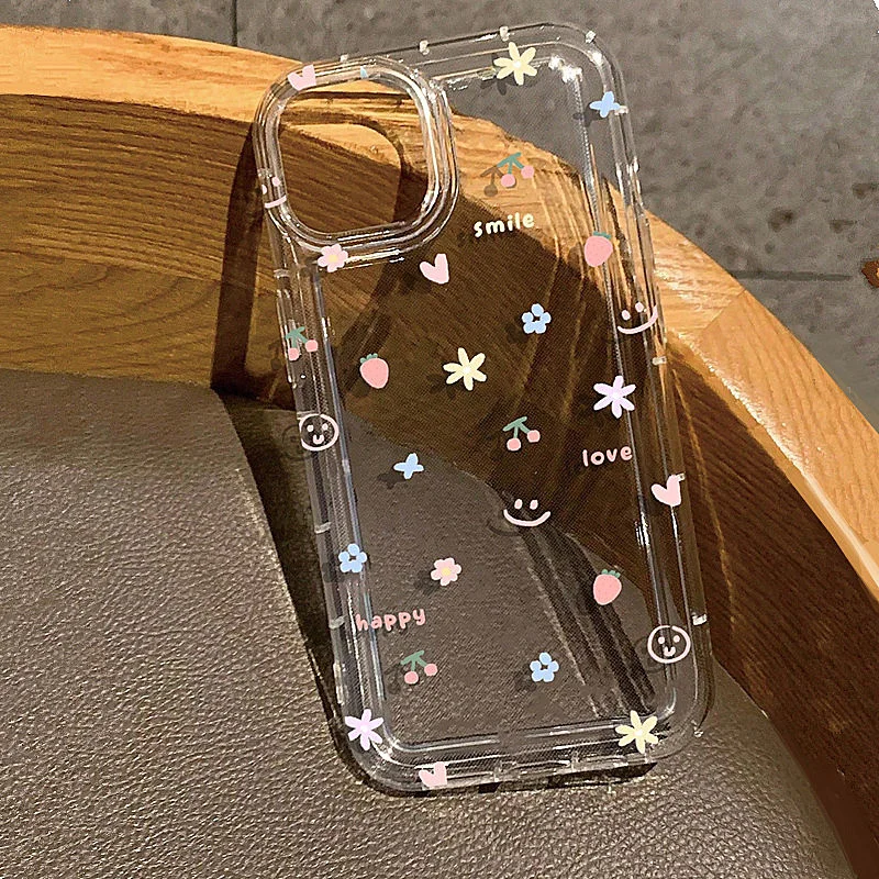 Summer Strawberry & Flowers Print Clear Case For iPhone 15 Pro Case iPhone 11 13 12 14 Pro Max XR XS X 7 8 Plus Shockproof Cover
