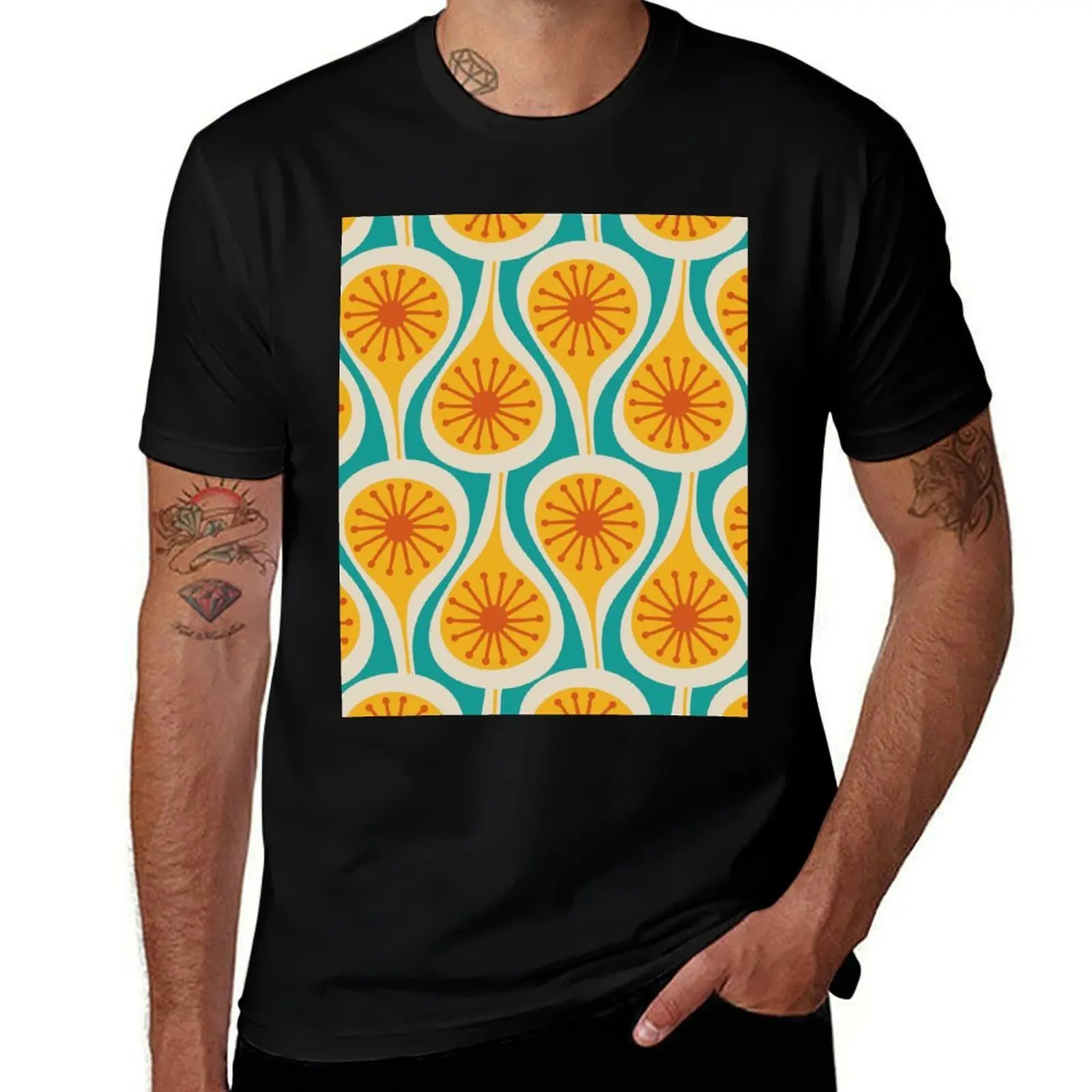 

Mid Century Modern Atomic Drops Retro Pattern Turquoise Blue Yellow Orange T-Shirt basketball graphic tees mens funny t shirts