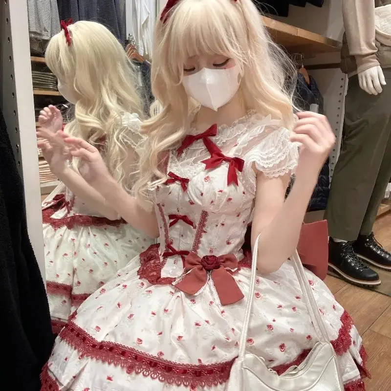 Damska Urocza Sukienka Lolita na Ramiączkach z Koronkowym Wykończeniem i Kokardą, Słodka Sukienka JSK z Przezroczystą Siateczkową Koszulą, Wyszczuplająca Sukienka Księżniczki dla Dziewcząt na Lato