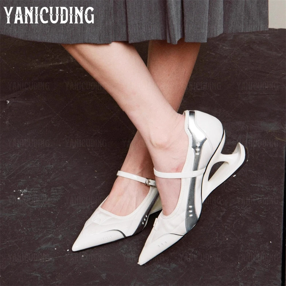 

Novelty Strange Heel Sneakers Pointed Toe Buckle Casual Shoes Sculptural Cutout Heel Mary Jane Shoes Designer Style High Heels
