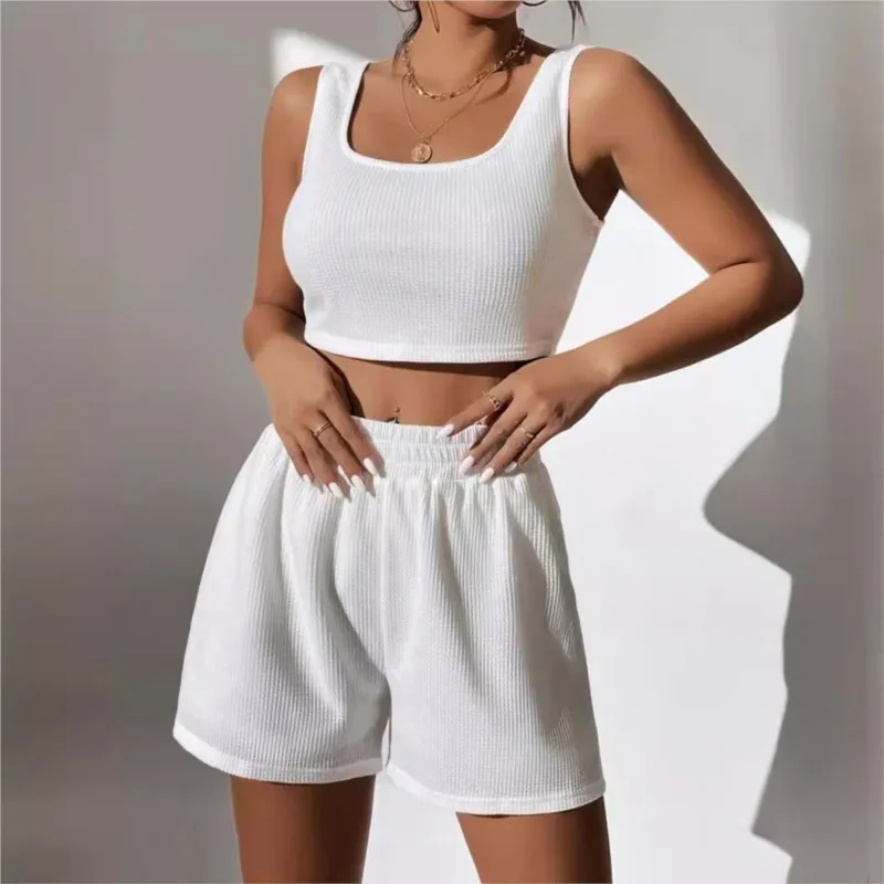 Women's Summer Casual Suit New Urban Casual Women's Solid Color Sleeveless Vest Elastic Shorts Home Clothes Two-piece Set