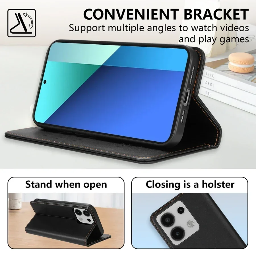 Portfel Przyjazny dla skóry magnetyczny futerał z klapką na kartę dla Xiaomi 14T 13T 11T Poco X6 C65 C75 Redmi 14C 13C 13 12C 10C 9A 9C — zdjęcie 4