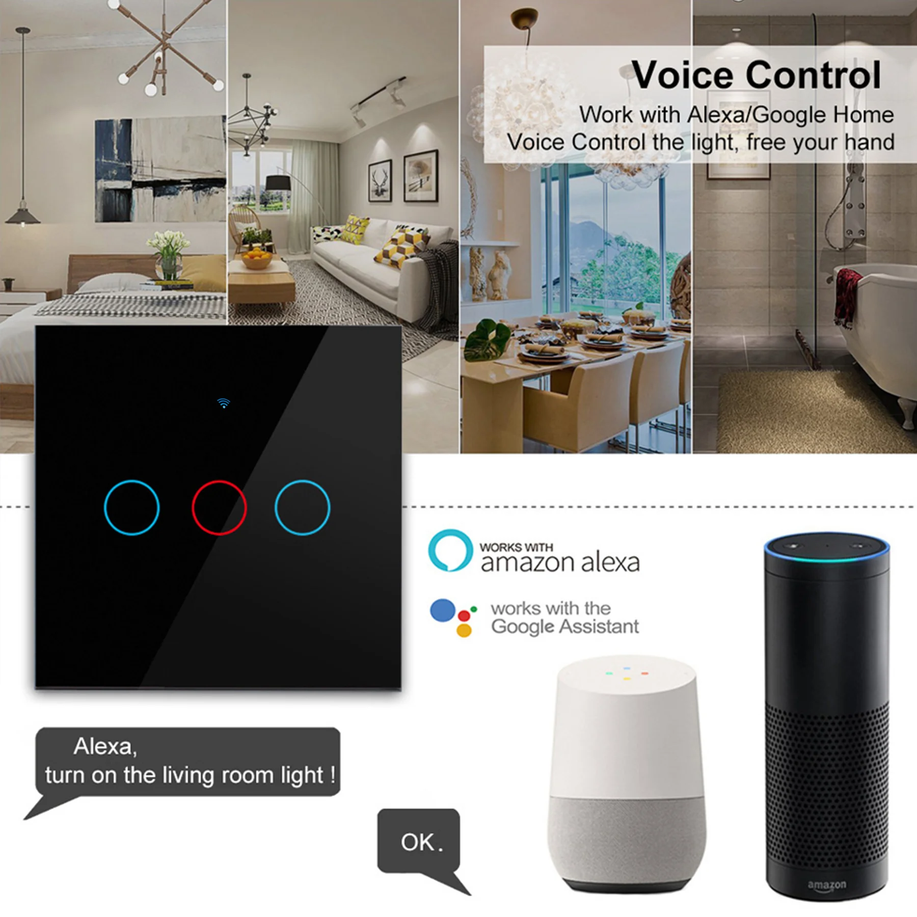 Tuya saklar pintar WiFi bekerja dengan Alexa dengan/tanpa kabel netral nirkabel RF433 saklar Sensor sentuh dinding