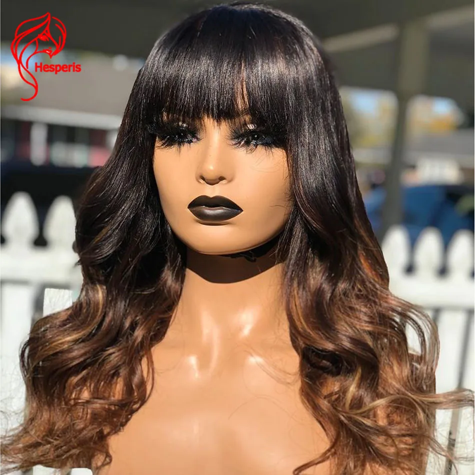 

Hesperis Wave Ombre Full Machine Made Wig Scalp Top Remy Brazilian Hair Highlight Human Hair Wig With Bangs For Black Women