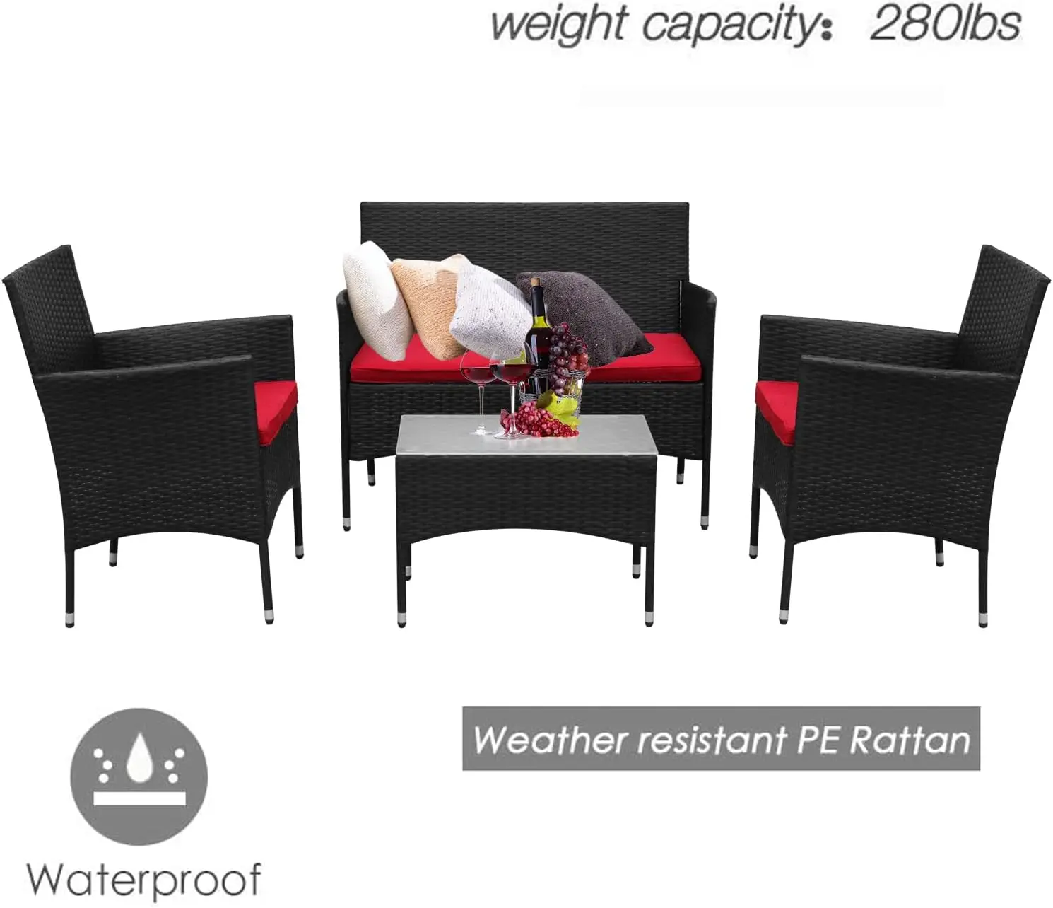 Pcs 4 Piece Patio Rattan Sofa Set with Cushions, Outdoor Wicker Furniture Conversation Chair and Glass Coffee Table