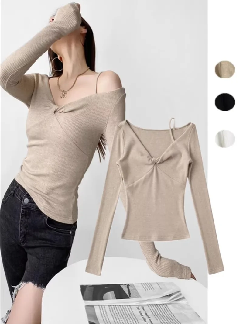 

Faionable Street Sle, трикотажная футболка ort Sve, женская футболка с запахом и плечами, весенне-осенняя утягивающая внутренняя одежда