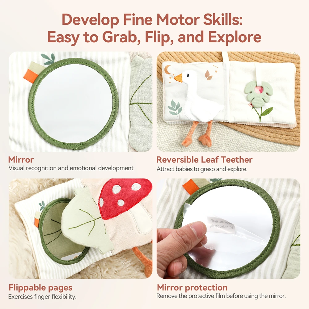 Baby-Sensorik-Spielzeug, beruhigendes, weiches Plüsch-Stoffbuch, Rassel, Beißring, 0-12 Monate, fördert die taktile und motorische Entwicklung, frühpädagogisches Spielzeug für die frühe Kindheit. – Detail 6