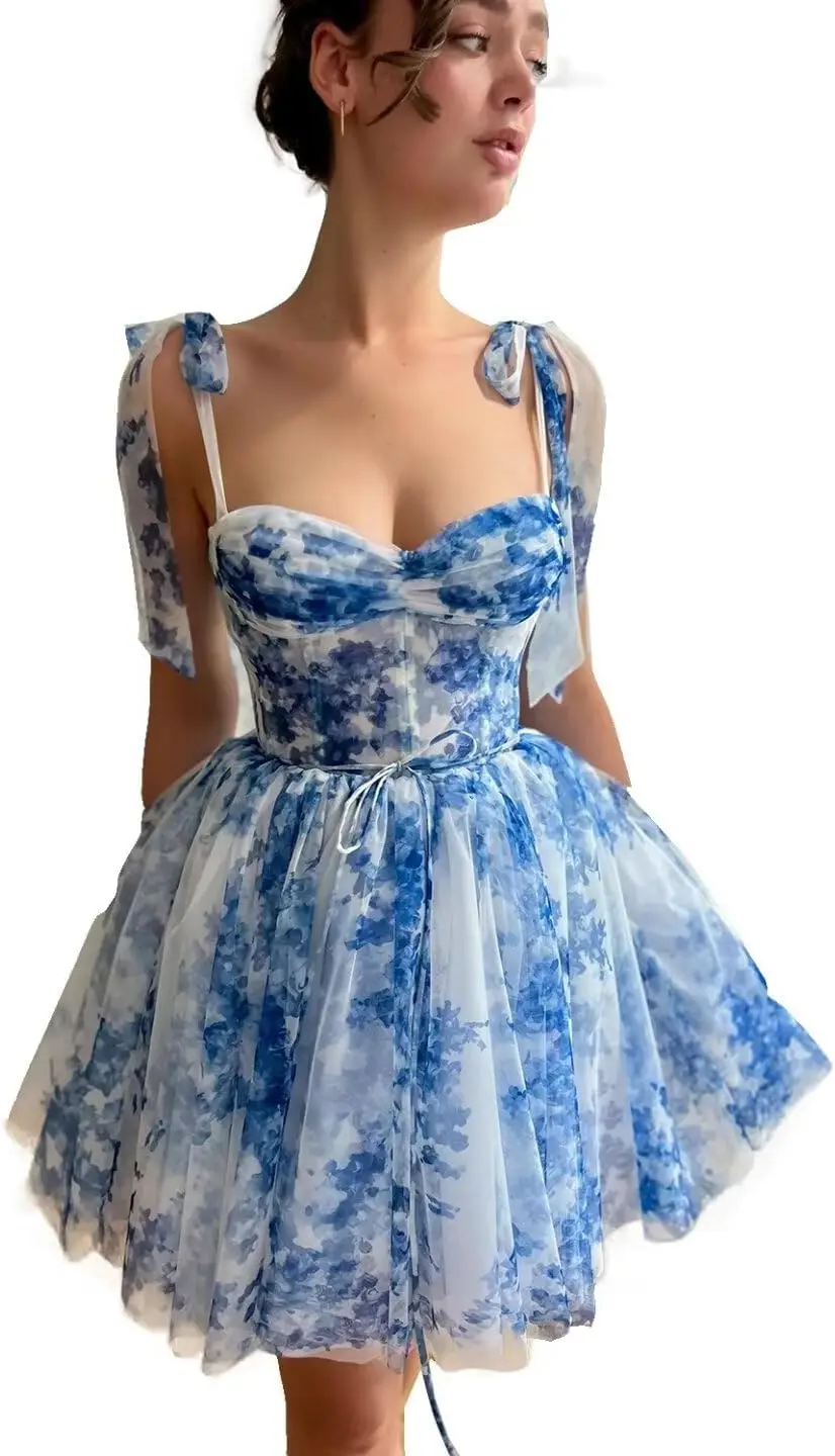 

Cute Tulle Blue and White Floral Print Prom Dress Long Senior Sweetheart Evening Gown with Pockets for Girls Graduation Dress