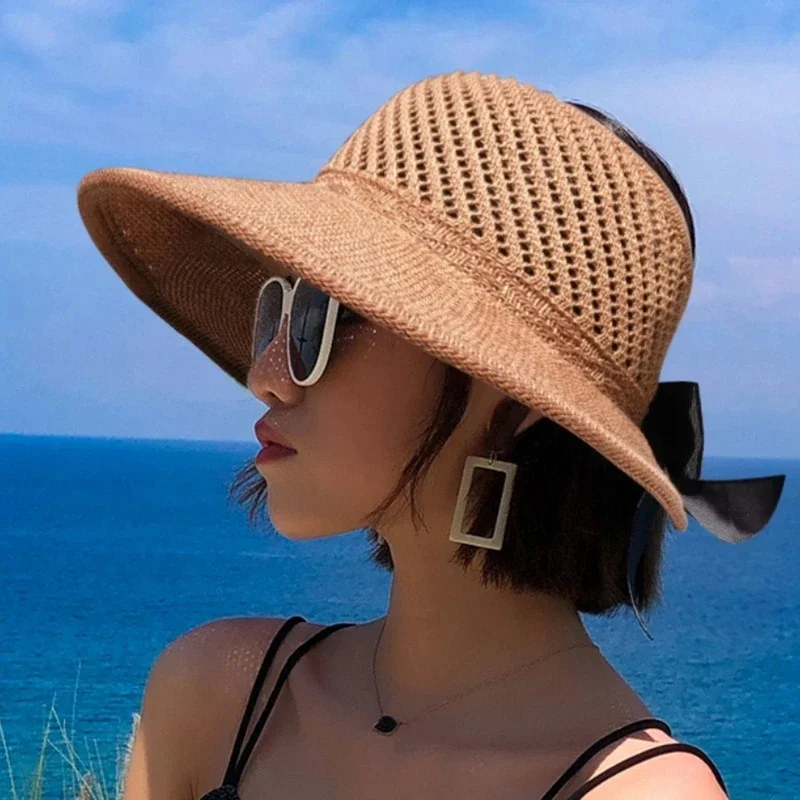 2021 Summer Women\'s Sunscreen Hat Classic Bowknot Foldable Fashion Straw Hat Casual Outdoor Beach Cap Women Protection Cap