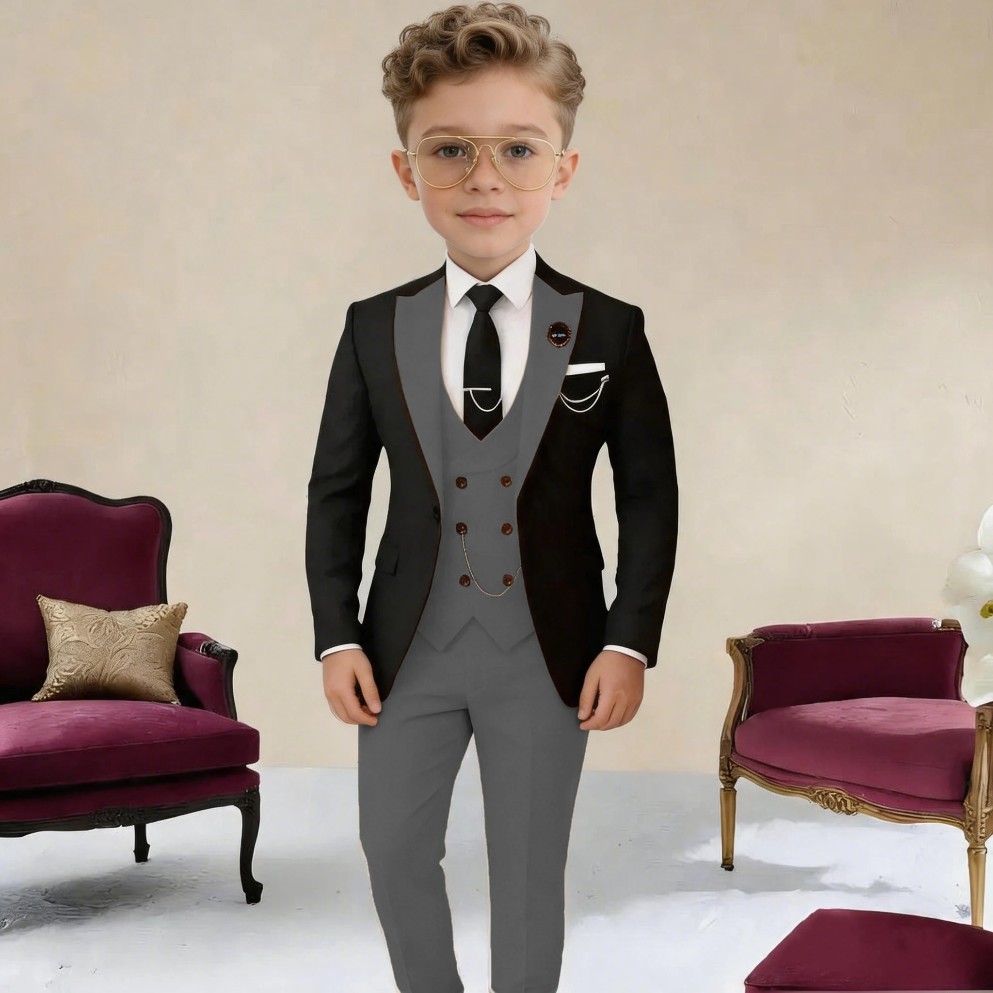 

Boys Suit Wedding Tuxedo Kids 2-16 Years Old Black Jacket Beige Pants Vest 3 Pieces Set Child Formal Party Suits Clothes Blazer