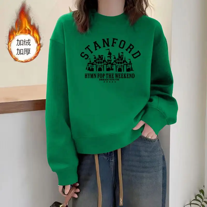 Simplicity Fashion Autumn Winter Women Printing Letter Plus Velvet Thicken Korean Casual Long Sleeve Pullovers Sweatshirts Tops