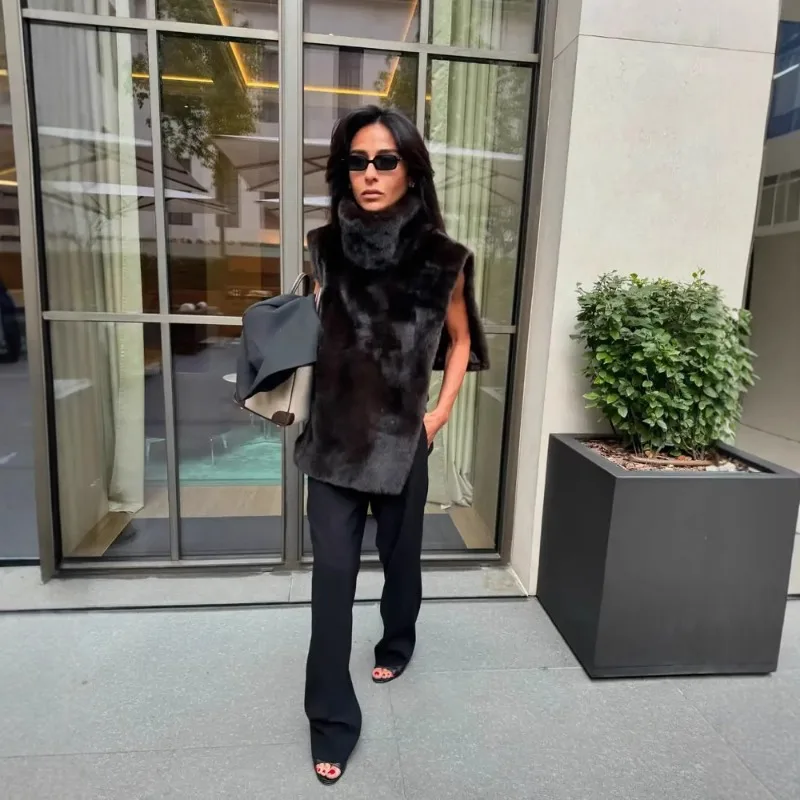 

ZEMOREXMZ 2025 весенний женский жилет, удобный повседневный меховой жилет без рукавов с высоким воротником, закрывающий талию, теплый жилет