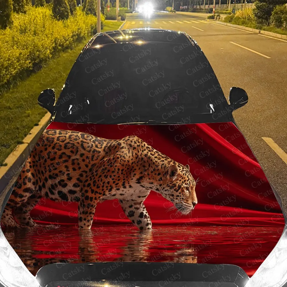 

Car Decal Jaguar with Dramatic Red Artistic Fusion in Side Profile, Creating a Striking and Exotic Visual Car Hood Sticker, Wate