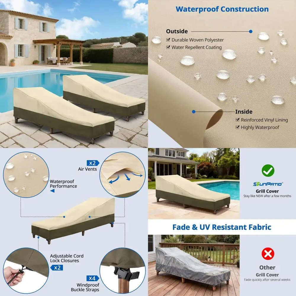 

Waterproof Outdoor Chaise Lounge Covers, Heavy Duty 2-Pack, UV & Fade Resistant, All Weather, 80L x 32W x 25H, Beige & Olive