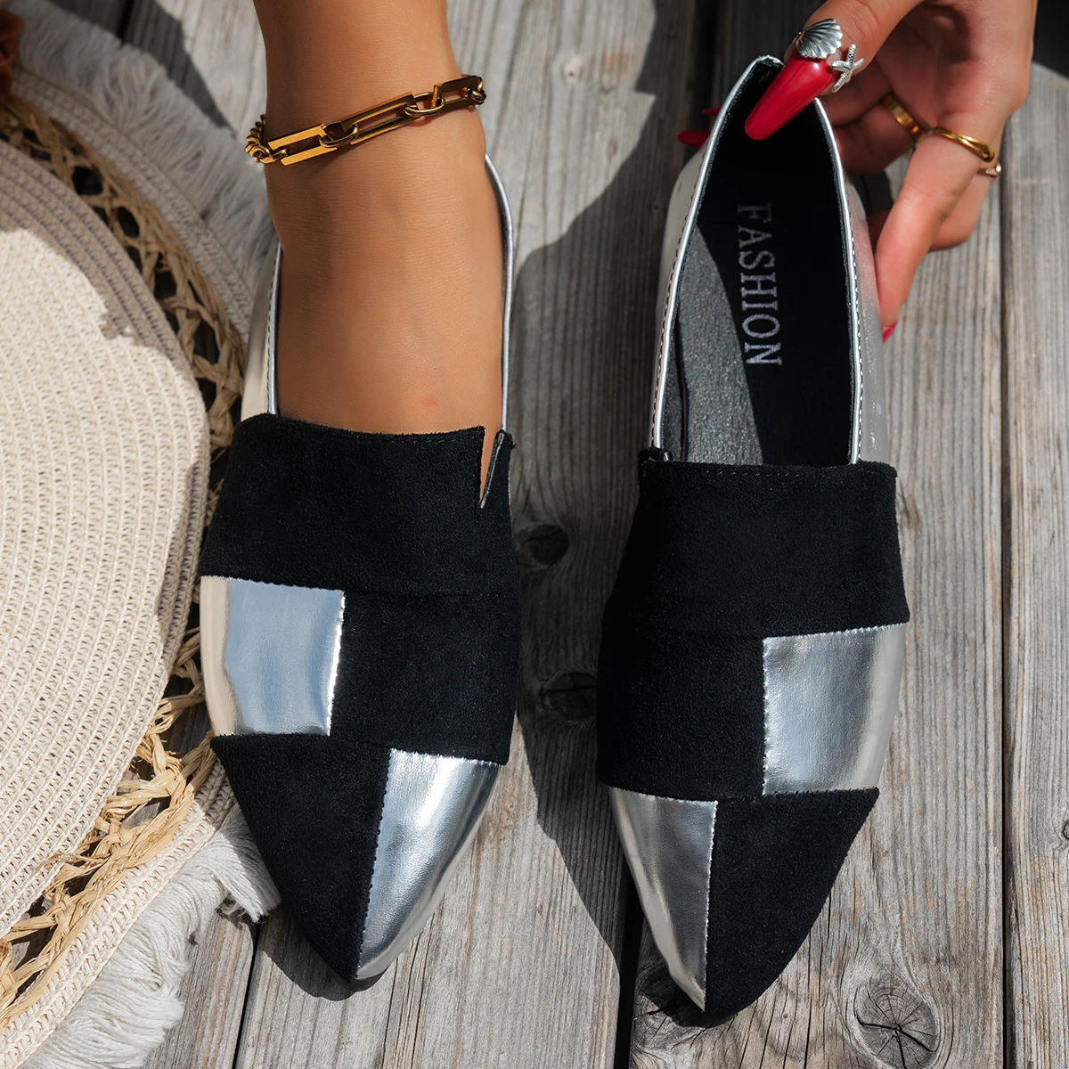 レディースカラーブロックポインテッドトゥローファー：スリッポンカジュアルシューズ、スタイリッシュ通勤通学靴