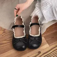 Chaussures plates Mary Jane pour femmes en dentelle à volants et nœuds, à bride unique et boucle, bout rond, style rétro doux, chaussures de ballet décontractées et habillées, noir beige 4