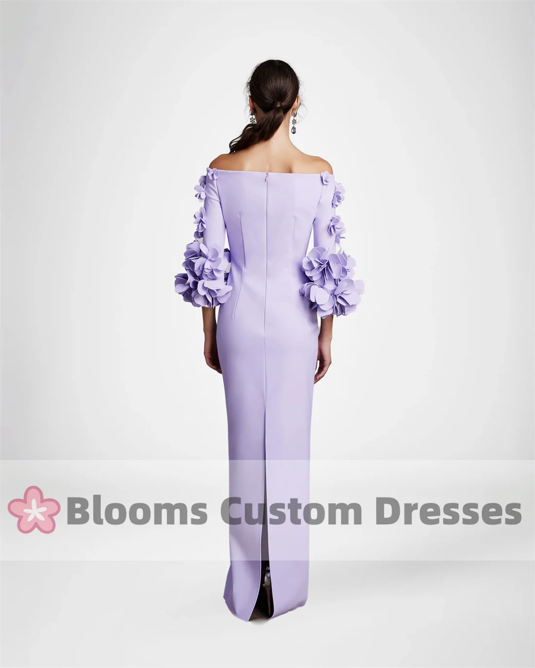 Customize Lilac Off Shoulder Floral Long Sleeves Evening Dress 2024 Back Slit Elegant Sweet Prom Dress Wedding Formal Party Gown