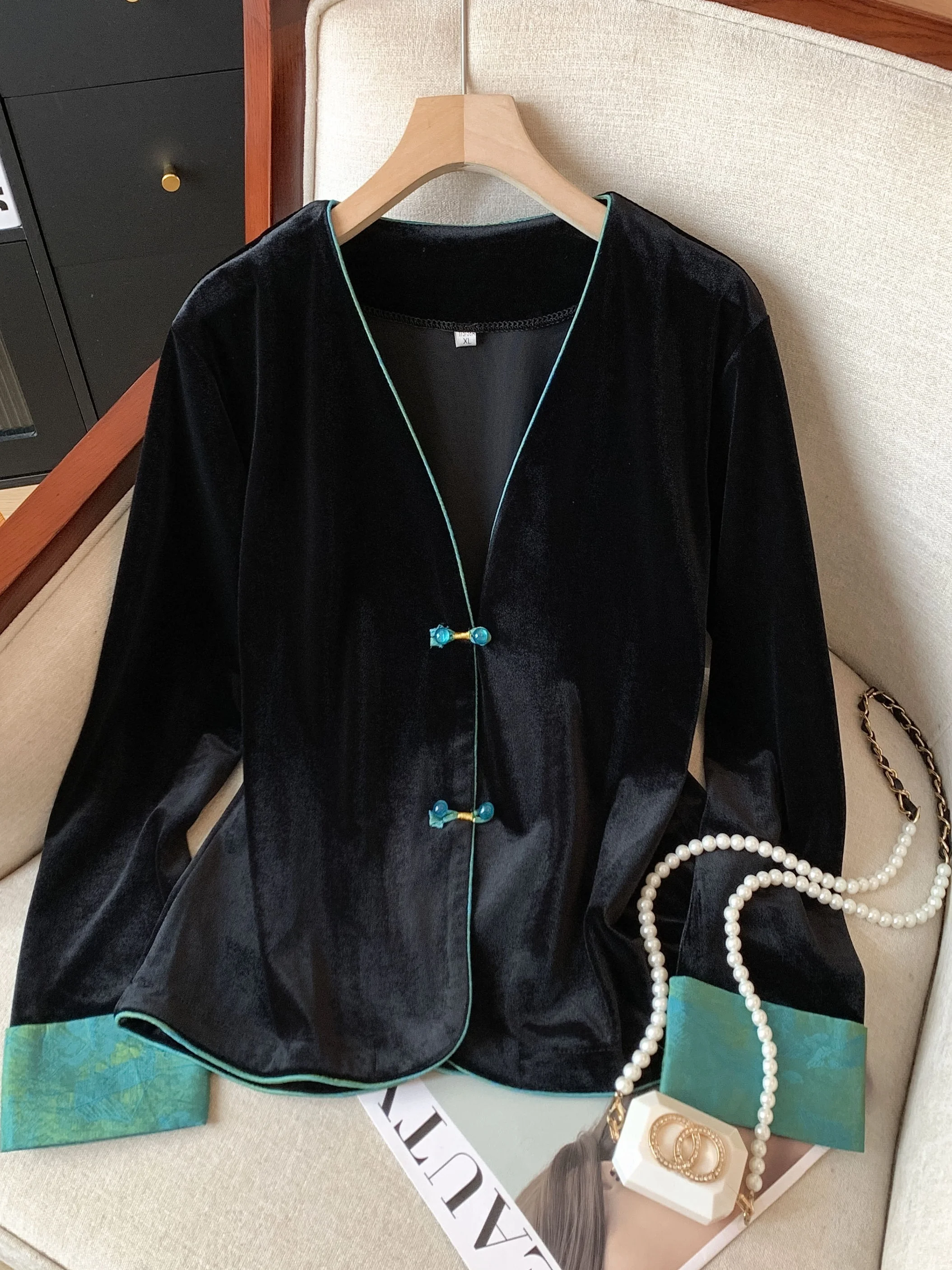 

Faionable Large Size Velvet Set Women's Casual Sle Retro Chinese Costume Top Coat Comfortable Warmth Long Sve round Ne