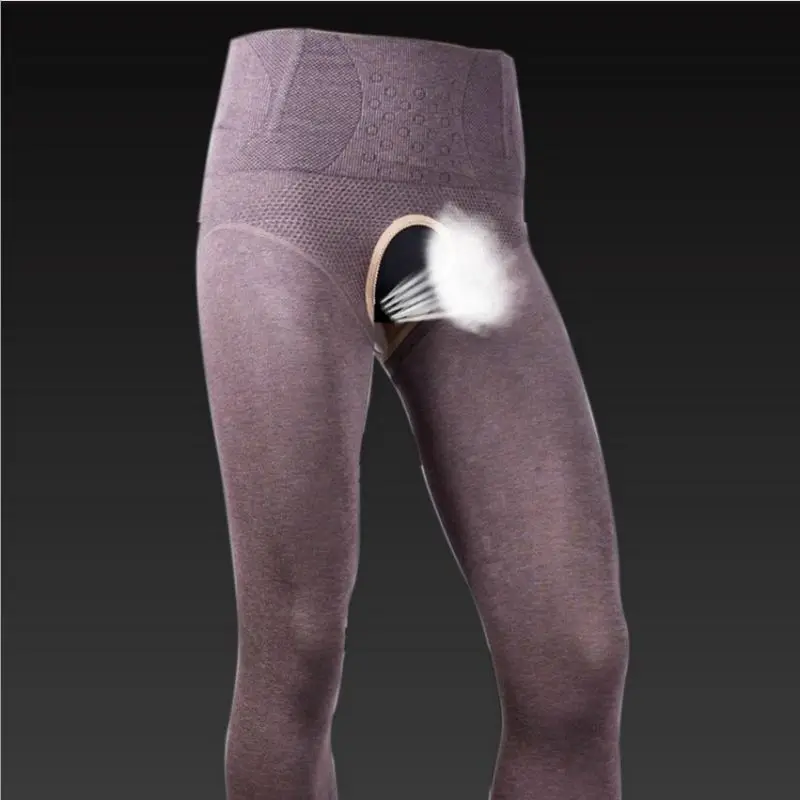 Heren Winter Puur Katoen Verdikt en Fluwelen Thermische Broek Hoge Taille Buik Strakke Visgraten Open Kruis Panty Panty