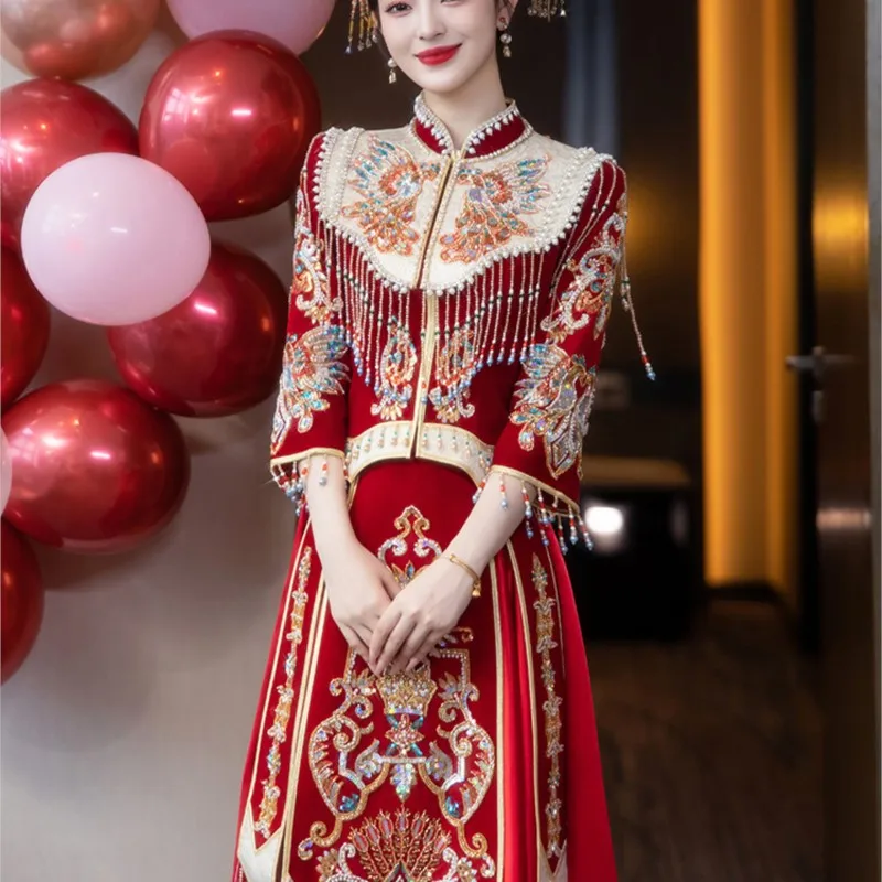 فستان زفاف على الطراز الصيني الجديد للزوجين من المخمل الثقيل #3