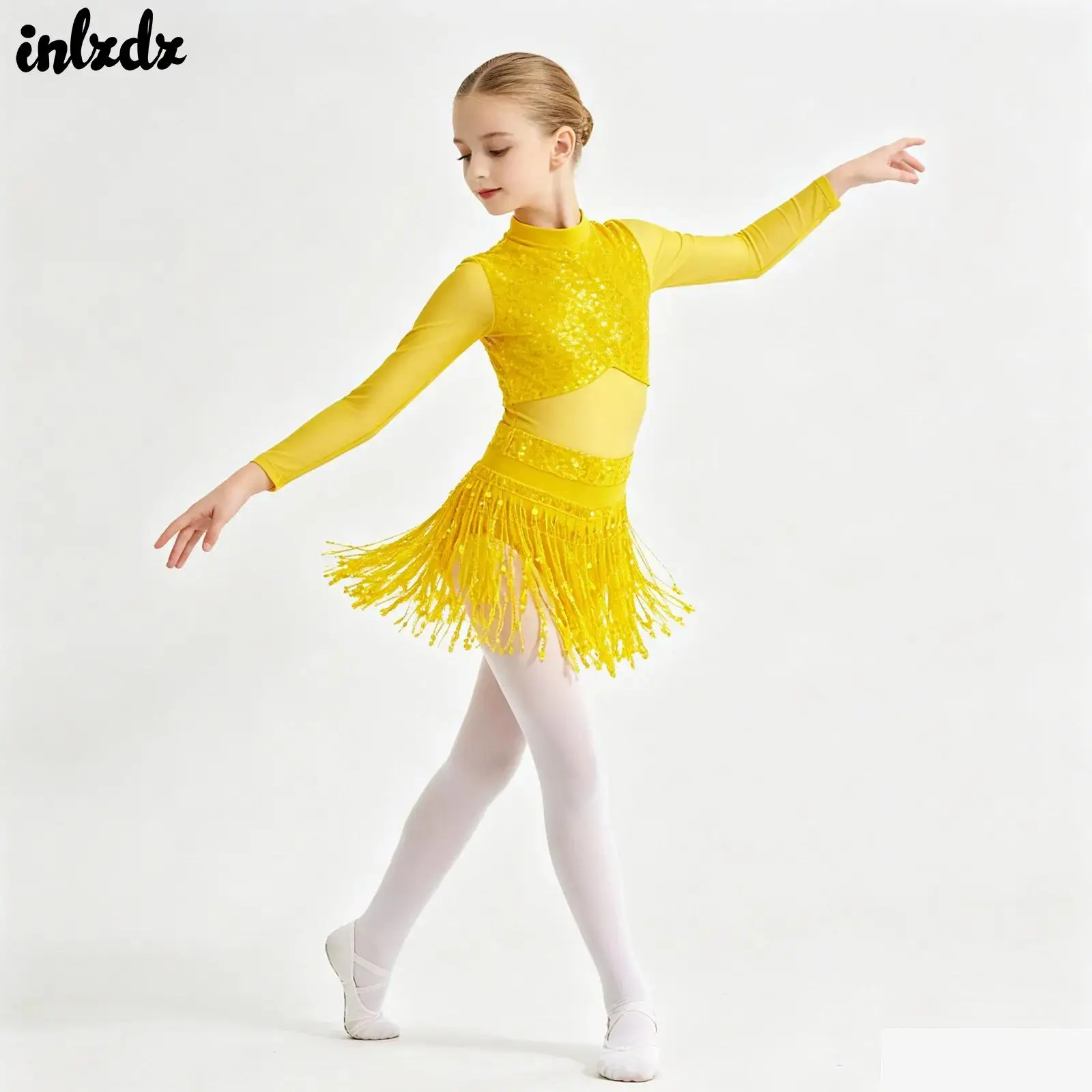 

Kids Shiny Sequin Ballet Jazz Dance Performance Dress Long Sleeve Mesh Dancewear Salsa Rumba Tango Tassel Dance Skirt Costume