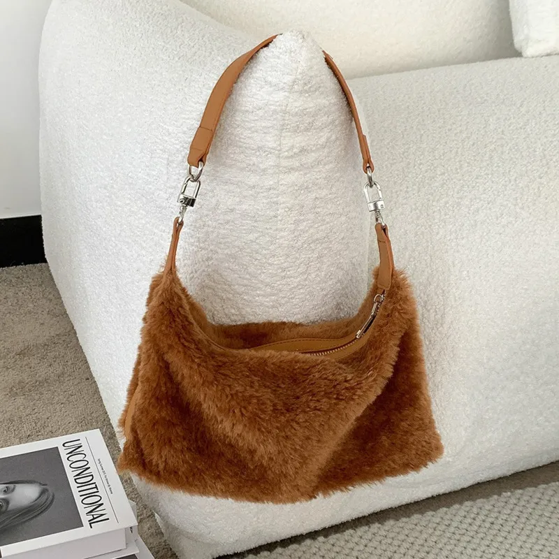 Winter Soft Plush Women\'s Shoulder Bag Luxury Faux Fur Ladies Tote Underarm Bags Large Capacity Girls Furry Handbags And Purses