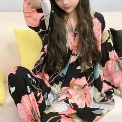 Pajamas Woman Cardigan Puff Sleeve Black Flower Long Sleeve Korean Version Thin Home Set Can Be Worn Outside