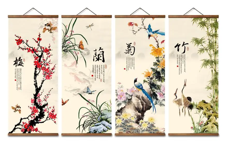 MT0004 Chinese Style Plum orchid bamboo chrysanthemum Flower Bird Decorative Wall Art Canvas Posters Solid Wood Scroll Paintings