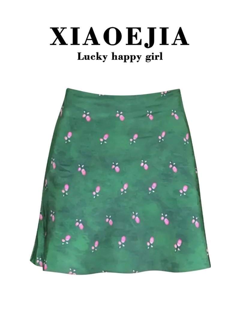 Summer New Green Floral A-Line  Skirt High Waist Slimming Age-Defying Versatile Short Skirt for Young Women by Tao Yan Ji