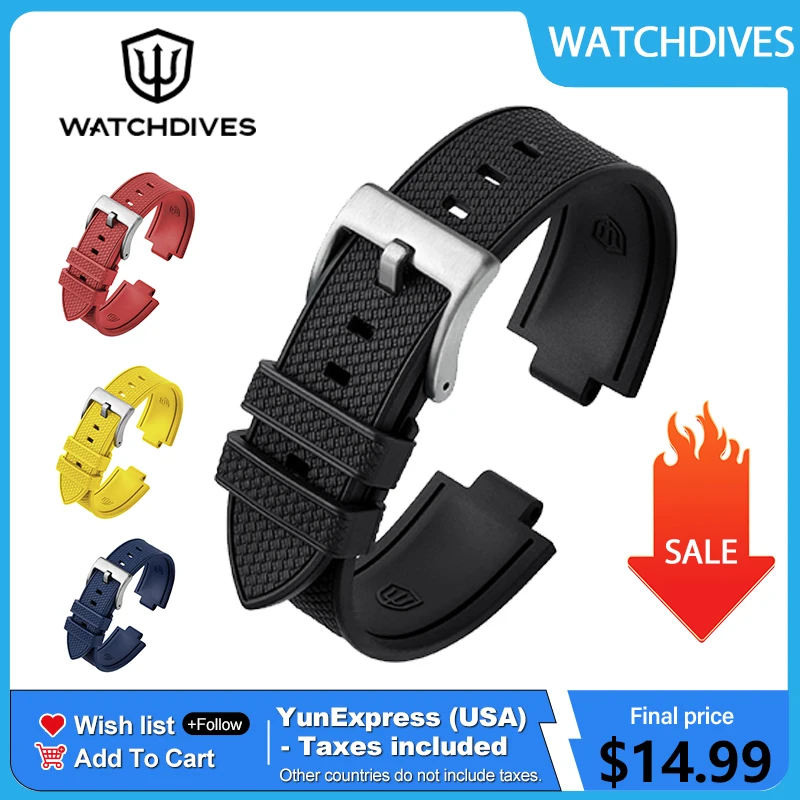 Watchdives Rubber Watchband Textured Rubber FKM Strap for Original End Links WD1960S WD7922 WD0003 WD1965 WD1969 Pro
