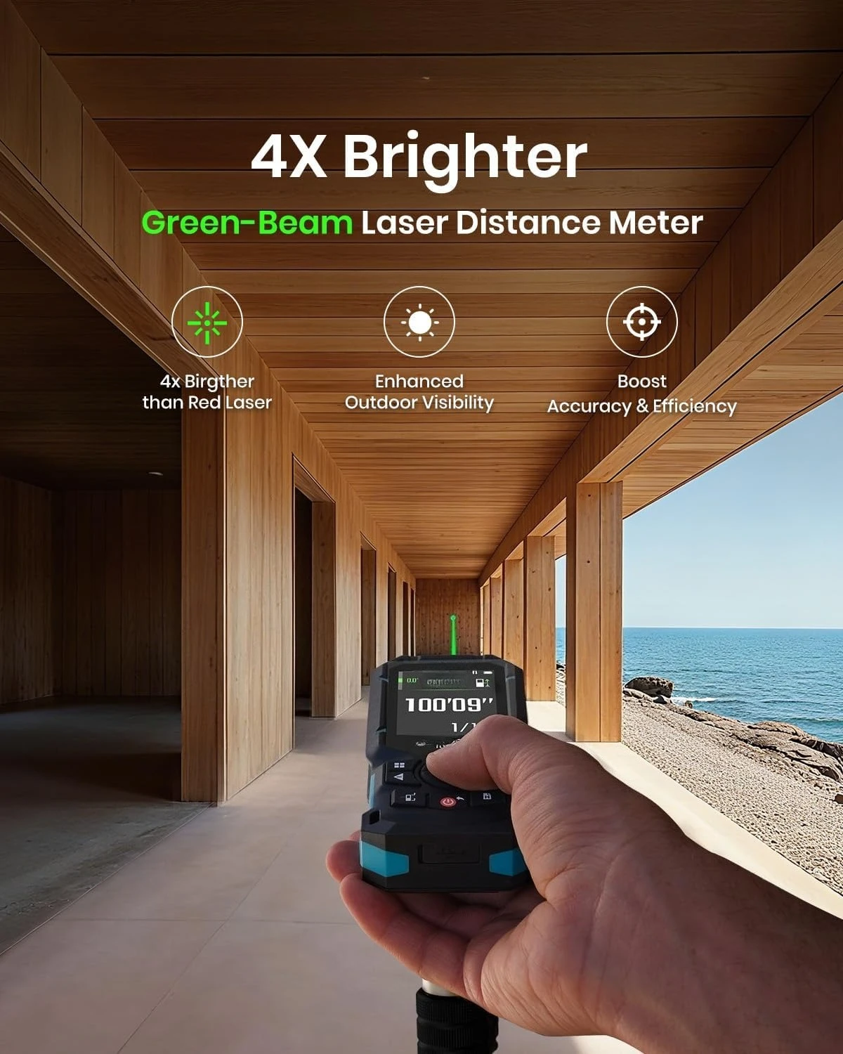 Pengukur Jarak Laser Sinar Hijau ZZW - Pengukur Laser 400ft, P2P, Penyelarasan Sisi Laser, Dapat Diisi Ulang