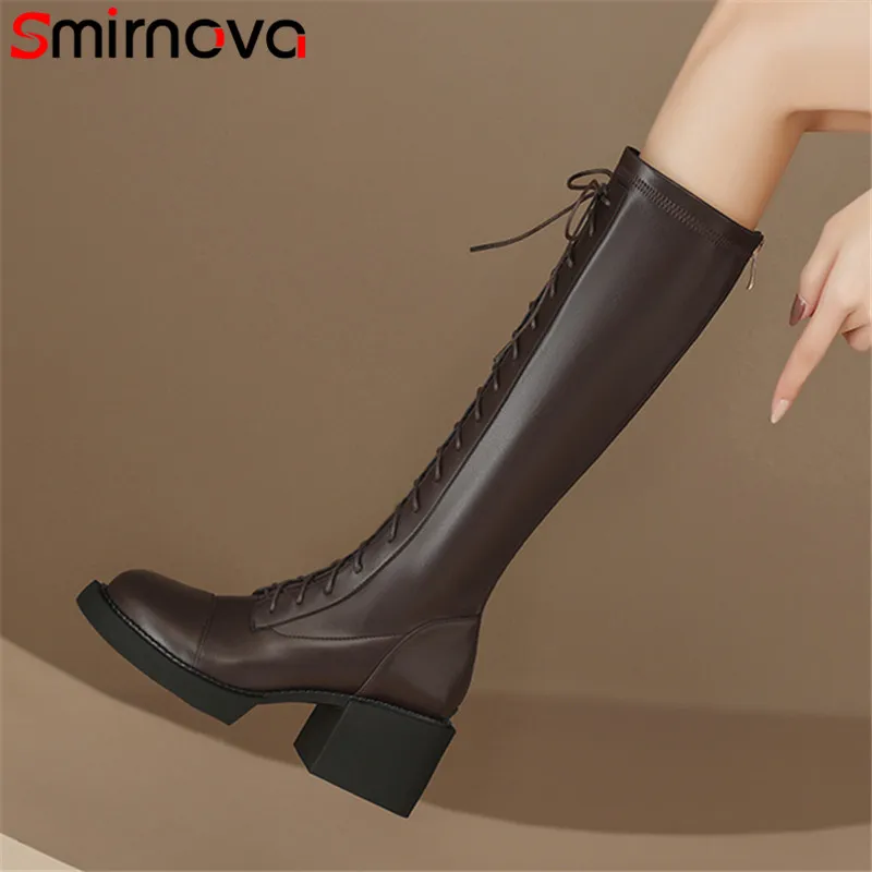 

Smirnova 2023 New Genuine Leather Zipper Women Boots Autumn Winter Knee High Platform Boots Thick High Heels Dress Shoes