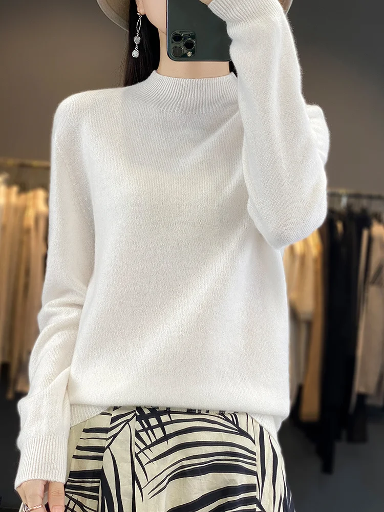 Autumn Winter Women's Basic Mock-neck Pullover Sweater 100% Merino Wool Solid Long Sleeves Cashmere Knitwear Female Clothing