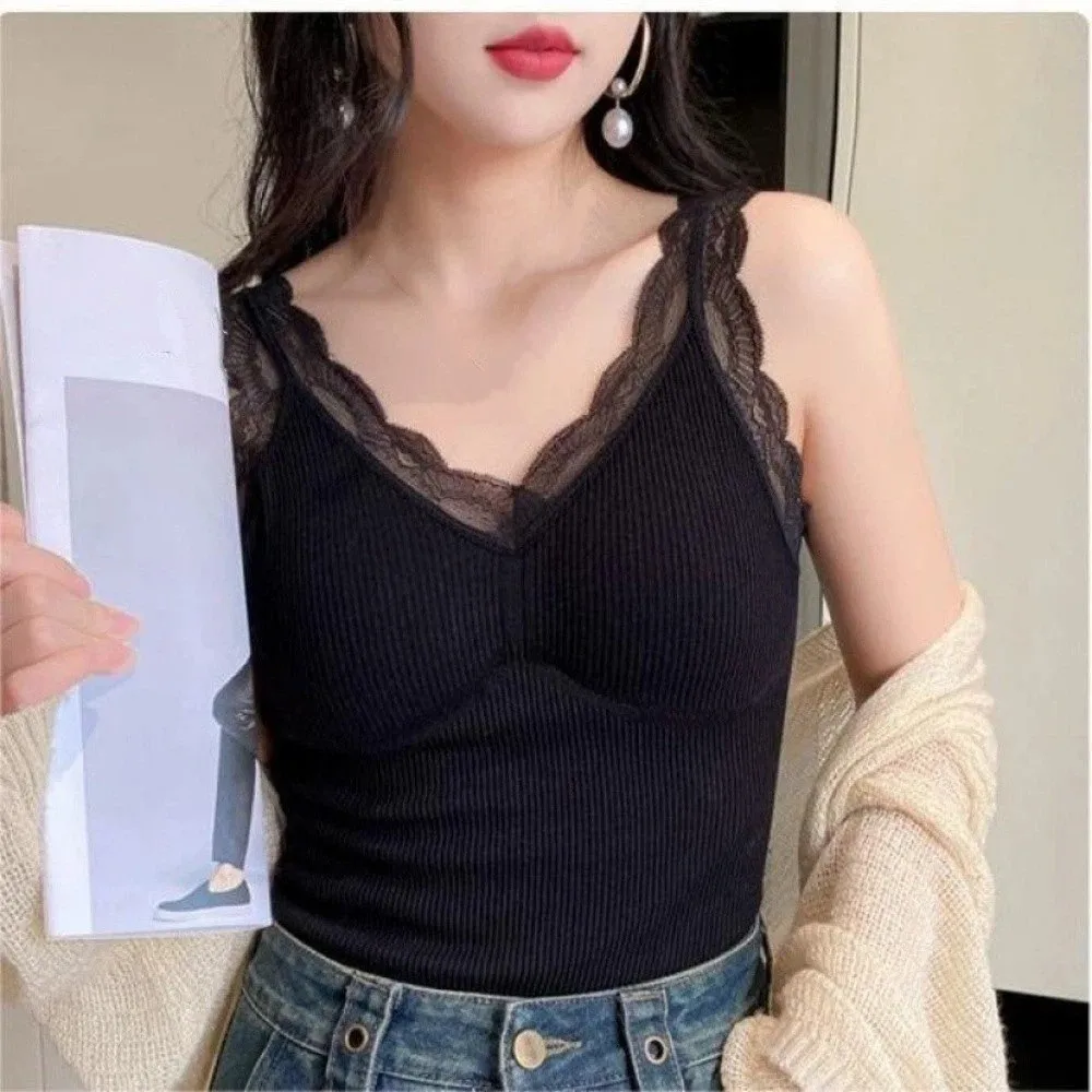 Sling Vest Top Lace Thermal Underwear Seamless Thicken Warm Heating Cami Top Sleeveless Plush Base Layer Vest Winter